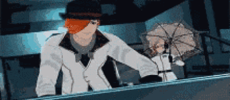 a man with red hair is standing next to a woman holding an umbrella in a video game .