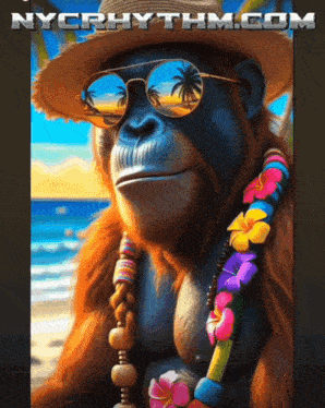 a monkey wearing sunglasses and a hat is on a nycrhythm.com ad