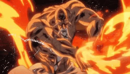 a cartoon character is surrounded by flames and is being attacked by another character .