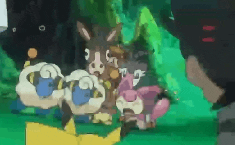a group of cartoon animals are standing next to each other in a forest .