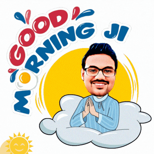 a cartoon of a man sitting on a cloud with the words good morning ji