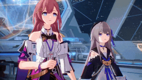 two anime girls are standing next to each other and one of them has a badge that says ' a ' on it