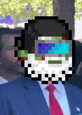 a pixel art of a man in a suit and tie with a mask on his face