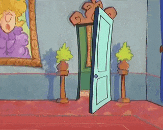 a cartoon drawing of a room with a door open and a painting on the wall