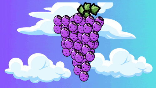 a bunch of purple grapes with faces on them against a cloudy sky