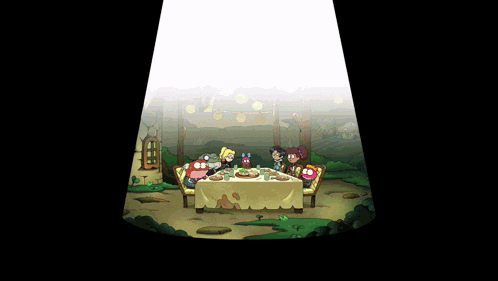 a group of cartoon characters sitting at a table with food