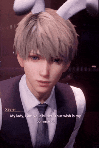 a video game character named xavier is wearing bunny ears and saying my lady i am your butler your wish is my command