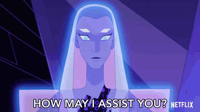 a cartoon character asking how may i assist you from netflix
