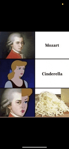 a picture of mozart and cinderella next to a picture of shredded cheese