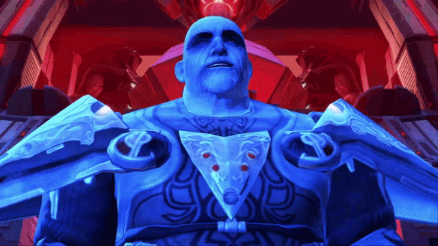 a man in a blue armor with a tattoo on his chest