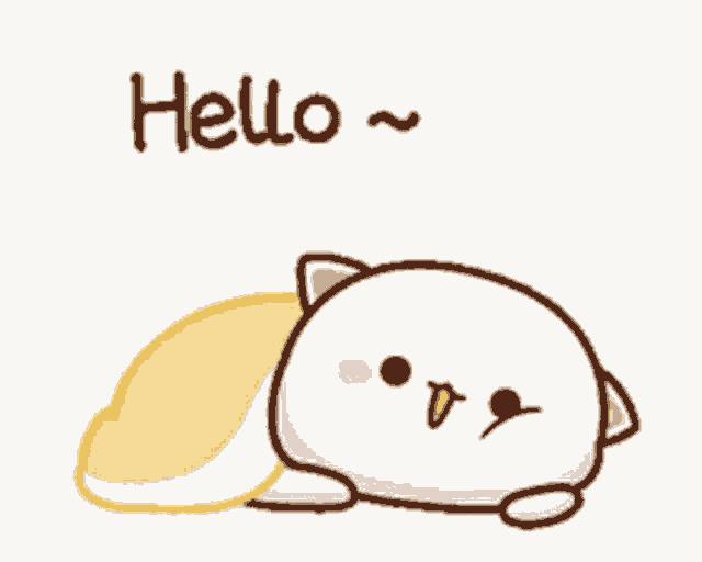 a cartoon character is laying under a blanket with the words hello written on it .