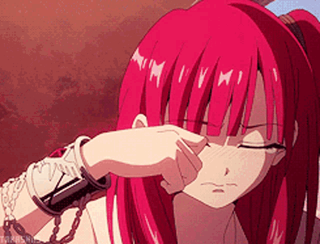 a red haired anime girl is covering her face with her hand