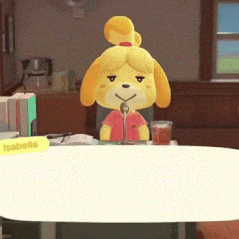 isabelle from animal crossing new horizons is sitting at a desk with a microphone in front of her .