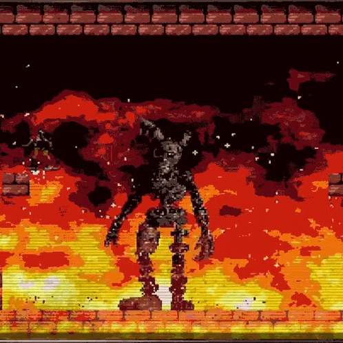 a pixel art of a monster in a fire