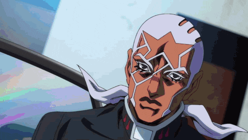 a close up of a cartoon character with a white mask on his face