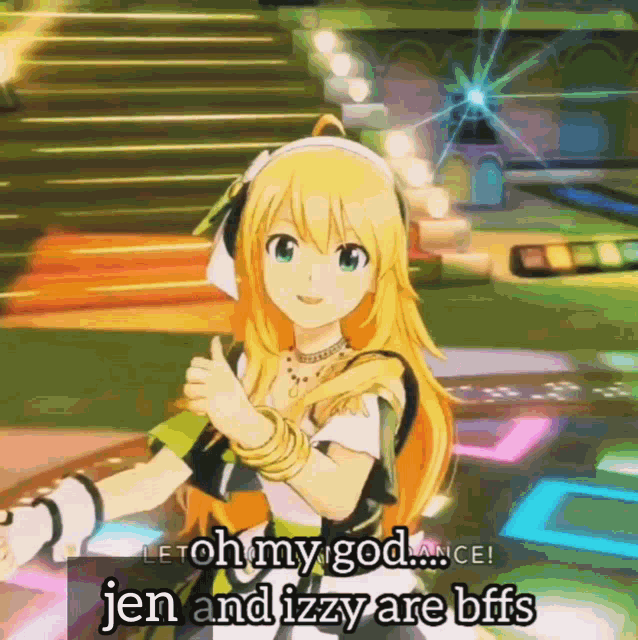 a girl in a video game giving a thumbs up with the words jen and izzy are bffs