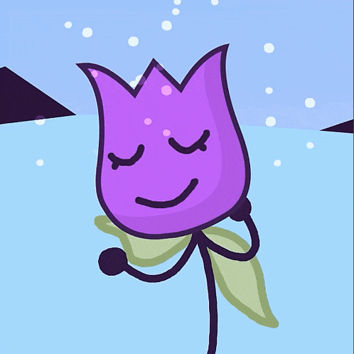 a purple flower with its eyes closed and a smile