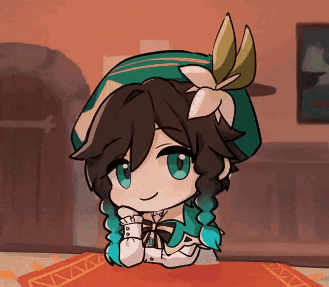 a drawing of a girl with green hair and a green hat
