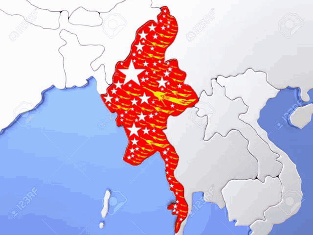 a map of myanmar with the flag of myanmar painted on it