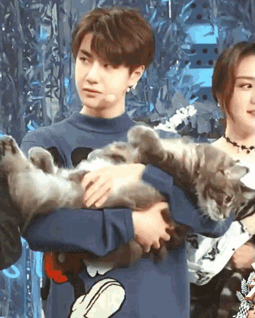 a man in a mickey mouse sweater is holding two cats in his arms