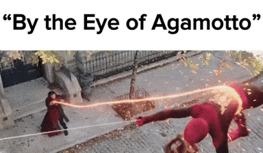 a man in a red suit is being pulled by a rope with the words " by the eye of agamotto " above him