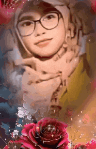a woman wearing glasses and a hijab is surrounded by flowers