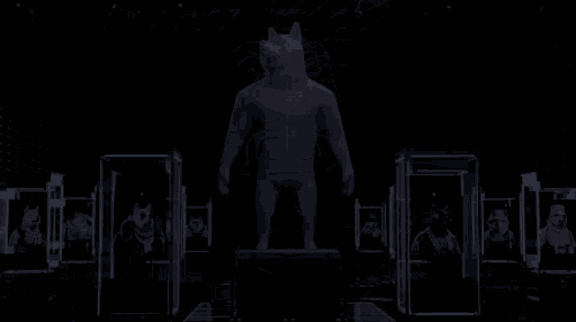 a statue of a dog is in a room with other statues