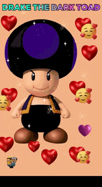drake the dark toad is surrounded by red hearts