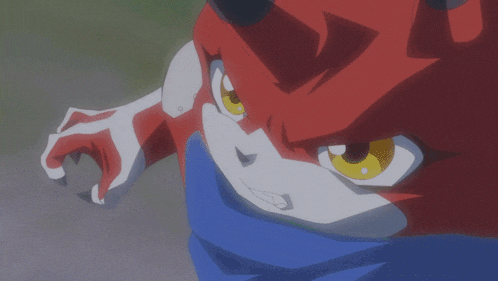 a close up of a red and white anime character