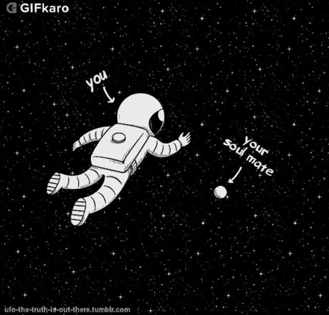 a cartoon of an astronaut floating in space with the words " your soul mate " written below him