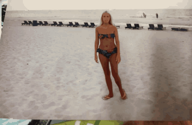 a woman in a bikini stands on the beach