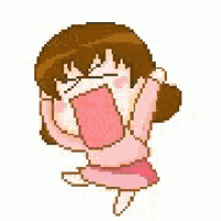 a pixel art of a girl crying with a red star on her leg .