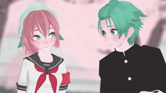 a boy and a girl are standing next to each other and looking at each other