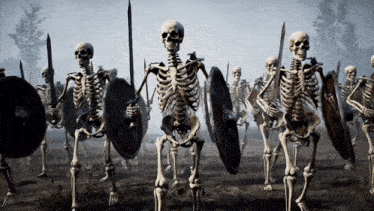 a group of skeletons with swords and shields