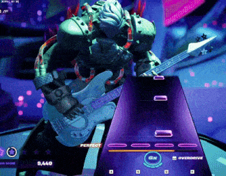 a video game screen shows a man playing a guitar and the screen says perfect