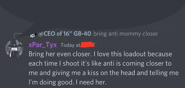 a screenshot of a discord conversation between xpar_tyx and @ceo of 16 " gb-40 bring anti mommy closer