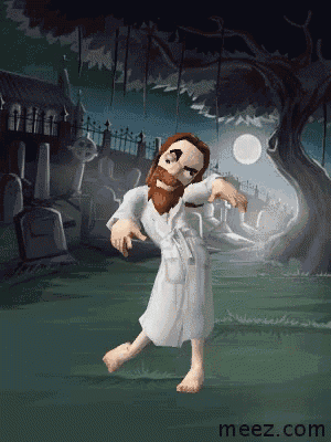 a cartoon of jesus dancing in a cemetery with the website meez.com in the corner
