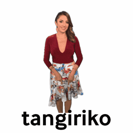 a woman in a red top and a floral skirt is pointing up with the word tangiriko below her