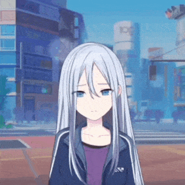 a girl with long white hair and blue eyes is standing in front of a building that says 100
