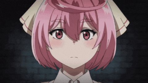 a close up of a pink haired anime character