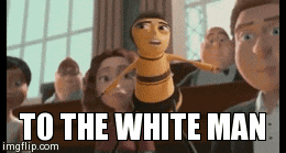 a bee from the movie despicable me is standing in front of a crowd and says to the white man