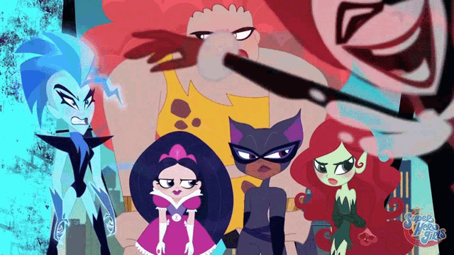a group of super hero girls are standing in a line