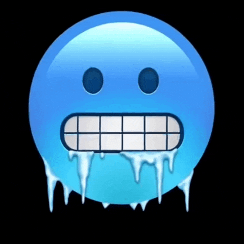 a blue smiley face with icicles on it 's teeth