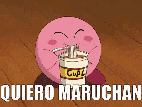 a cartoon character is eating noodles from a cup that says cupl