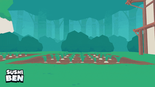 a cartoon drawing of a girl standing in a field with the words sushi ben on the bottom