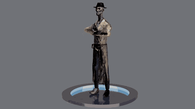 a statue of a man with a hat and a gun on a pedestal
