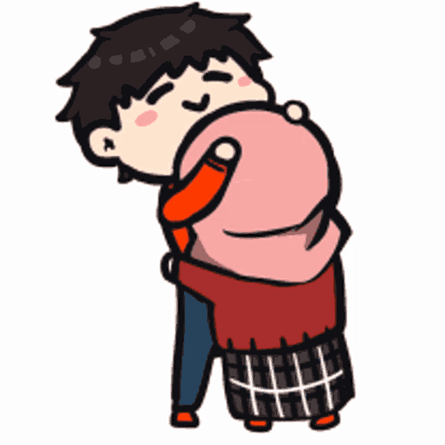 a cartoon of a boy hugging a woman with hearts around them