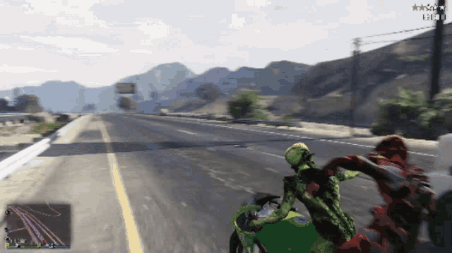 a video game screen shows a person riding a green bike