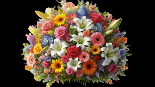 a bouquet of colorful flowers including roses and lilies