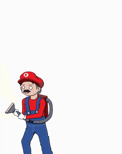 a cartoon of mario holding a vacuum cleaner